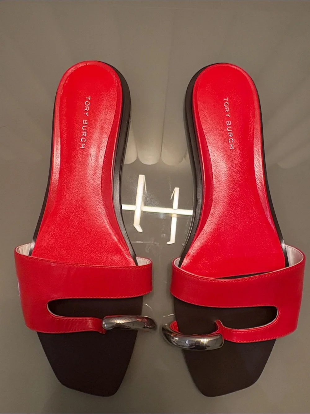 Tory Burch Red Leather Slide Mules with Silver Accent